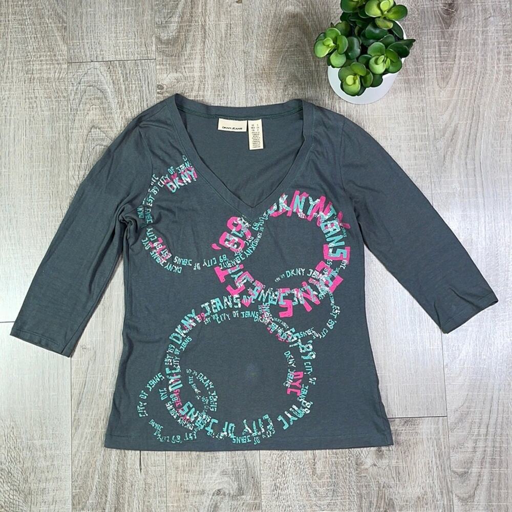 DKNY JEANS Women's Gray Graphic 3/4 Sleeve Basic V-Neck T-Shirt